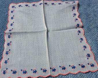 Pink and Blue Hearts and Bows Antique Embroidered Lace Handkerchief