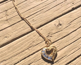 Gold Heart Necklace with Diamond Crystals