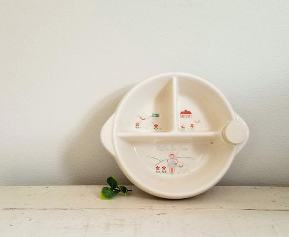 Vintage Milk Glass Little Bo Peep Child/'s Divided Plate Bowl Red Lettering and Graphics