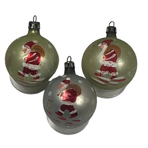 Set of 3 Vintage Glass Christmas Balls | Hand Painted Snowy SANTA CLAUS Scene | Glitter & Mica | Mid Century ~ 1940s or 1950s | 2.5" Tall