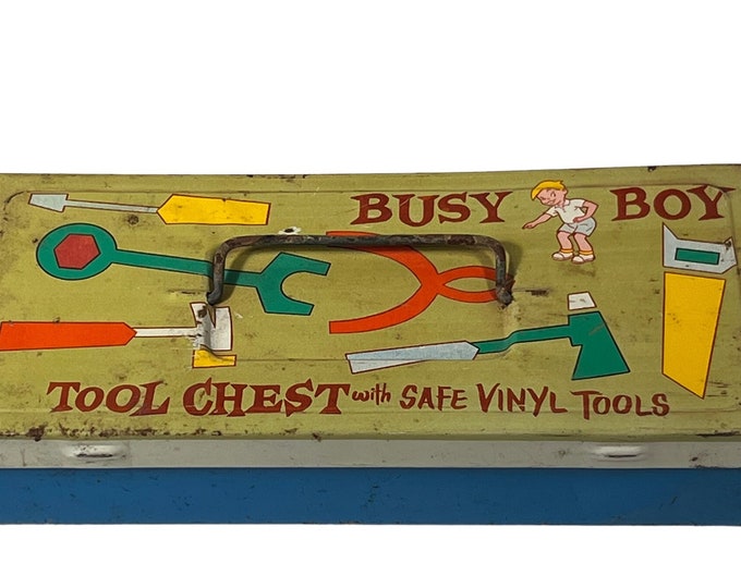 Vintage BUSY BOY Metal Tool Box Box ONLY Ohio Art for Small Keepsakes, Supplies Color