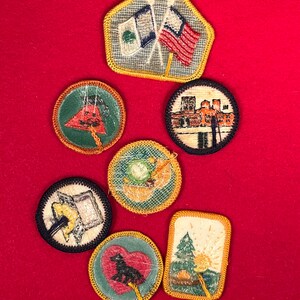 May include: Seven embroidered patches with yellow stitching. The patches feature various designs, including flags, a building, a tree, a wolf, and a campfire.