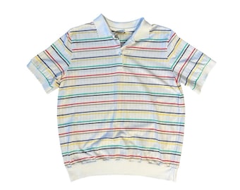Vintage 1980s Golden Wings Preppy Polo Shirt Colorful Stripe Sporty Womens Large