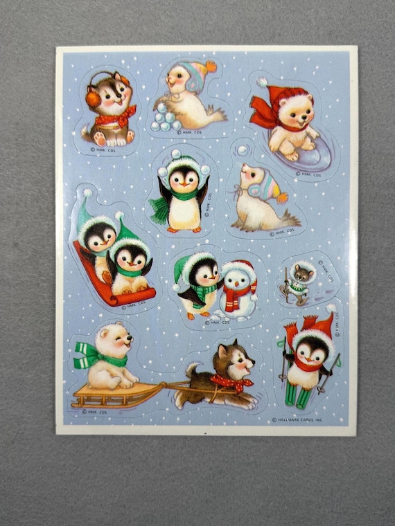Vintage Hallmark Christmas Sticker Sheet | 1980s/90s Winter Animals (10 Stickers)