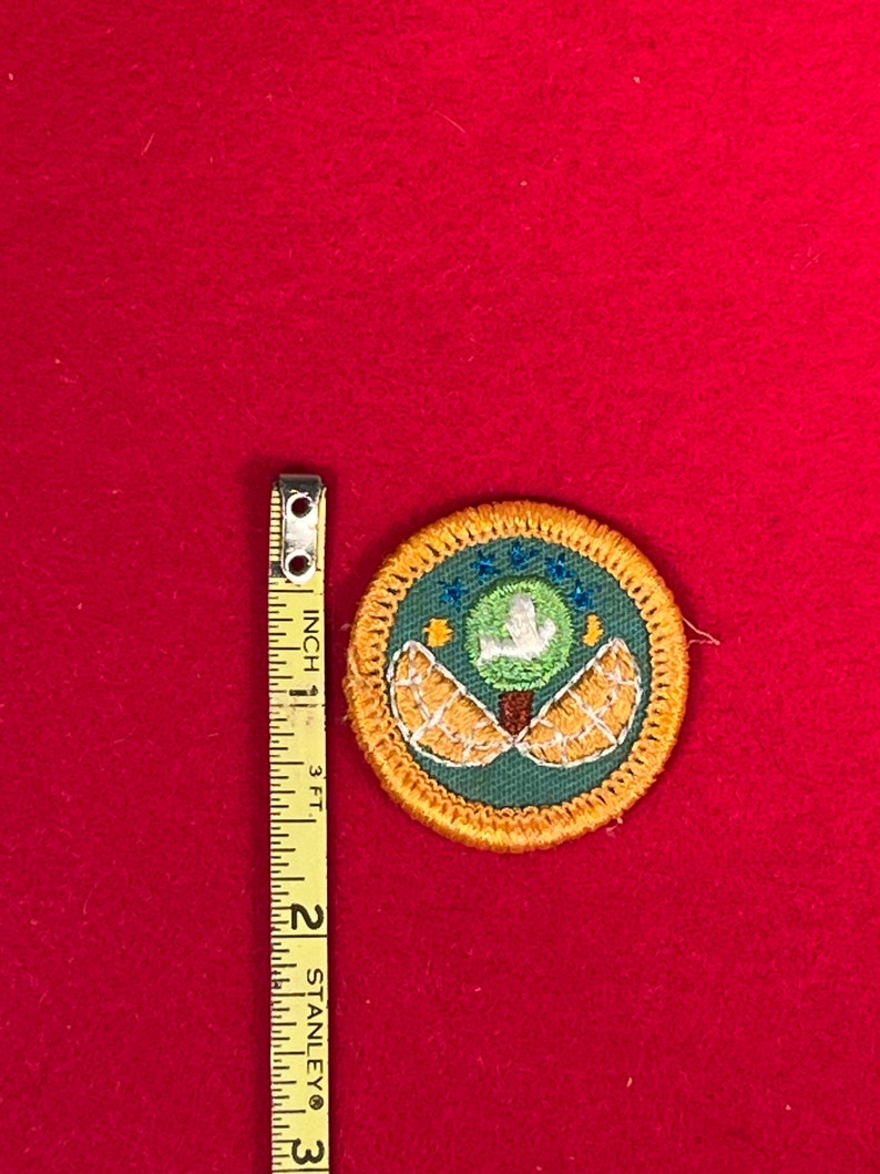 May include: A green and yellow Boy Scout merit badge with a tree and two orange slices. The badge has the text "Conservation" in a white circle.