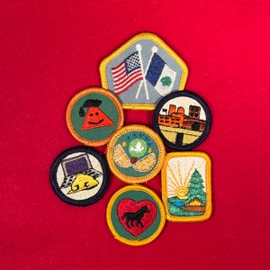 May include: A collection of eight Girl Scout badges featuring various themes, including education, community service, and outdoor activities. The badges are circular and rectangular, with colorful embroidered designs and yellow borders.