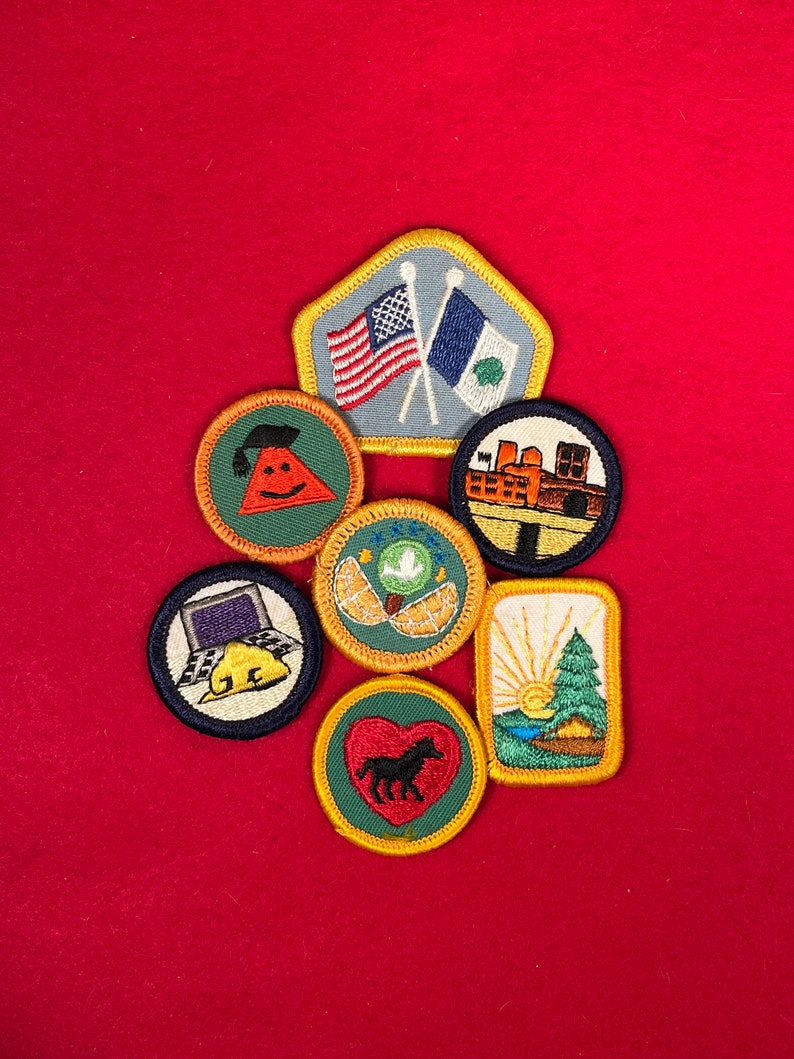 May include: A collection of eight Girl Scout badges featuring various themes, including education, community service, and outdoor activities. The badges are circular and rectangular, with colorful embroidered designs and yellow borders.