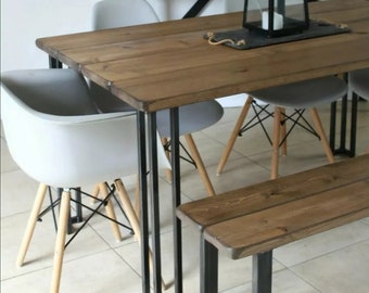 Handmade Industrial Dining Table and Bench Set, Redwood Pine, Steel Legs