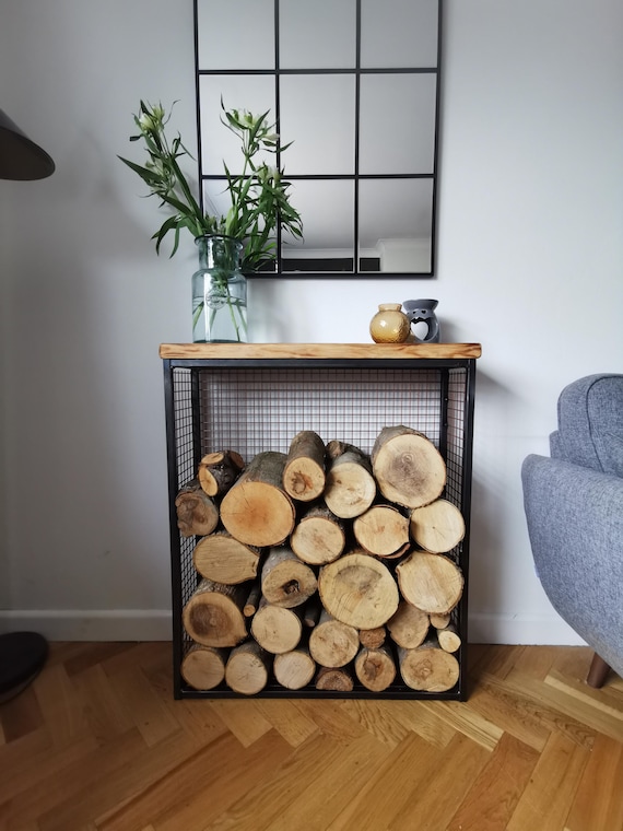 Volcann 65cm Tall Steel Firewood Log Basket With Storage Drawer - Graphite Grey & Bronze, UK Made, No Assembly Needed