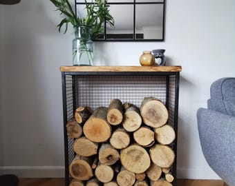 metal log holder, wood store, log storage, fireside, living room decor, log rack, firewood storage, shelf, side unit, log store, log basket.