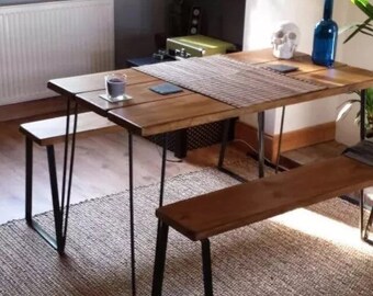 Rustic Table And Benches, Dinning table, small table, kitchen table, hairpin legs, Vintage, retro, industrial design.