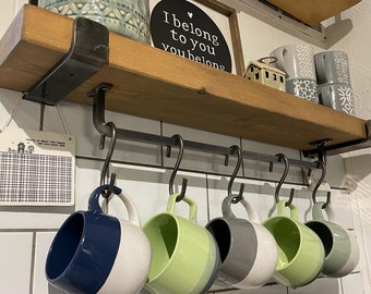 Handmade Mug Rack Shelf: Rustic Kitchen Organizer with 5 Hooks