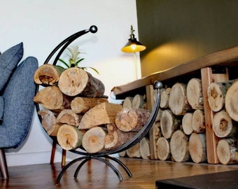 Wrought iron log holder, metal log basket, log storage, horseshoe log holder, fireside log holder, wood stove, hearth, log basket, log store