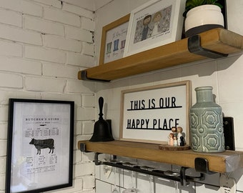 Handcrafted Kitchen Shelf with Wine Glass Holder: Rustic Wall Mounted Shelving