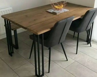 Handmade Industrial Table and Bench, Rustic Dark Oak Kitchen Dining Set