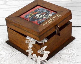 Vintage La Catrina wooden keepsake box Mexican Day of the Dead trinket, jewelry chest