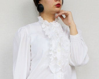 80s white blouse school uniform with ruffle jabot Vintage button up top with balloon sleeves