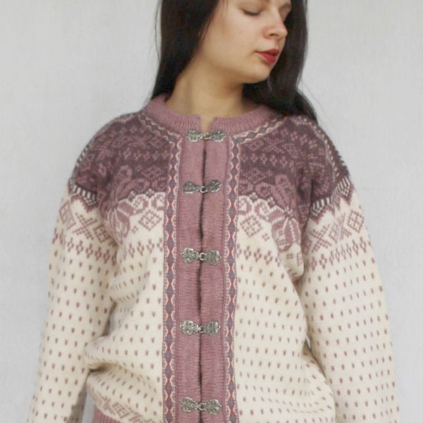 DALE OF NORWAY women wool cardigan Vintage pink fair isle warm winter knit designer sweater