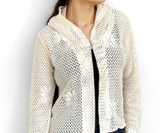 Vintage mesh hooded cardigan Shabby chic off white sheer festival summer jacket