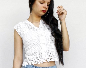 Crochet crop vest Vintage cotton women's romantic French fishnet short waistcoat size S
