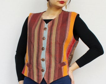 Gilet ethnique tissé pour femme, gilet hipster bohème en lin naturel, gilet boutonné à rayures colorées, gilet ajusté vintage taille L