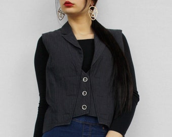 Women's formal vest button up waistcoat Vintage fitted classic striped ladies suit vest sleeveless elegant V neck cotton casual waistcoat