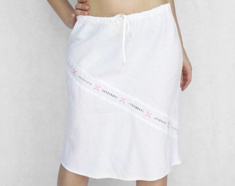 Natural linen skirt french embroidery pure linen casual summer elastic waist Vintage minimalist women's tie skirt size S