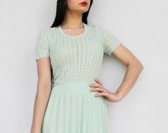 Knit wool dress mint green lace pleated dress Vintage romantic see through sheer women's midi dress size M