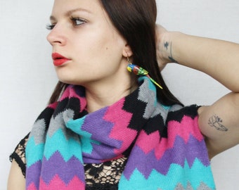 Chevron long scarf colorful neck scarf vintage unisex scarf knit winter scarf warm wool scarf with pom poms