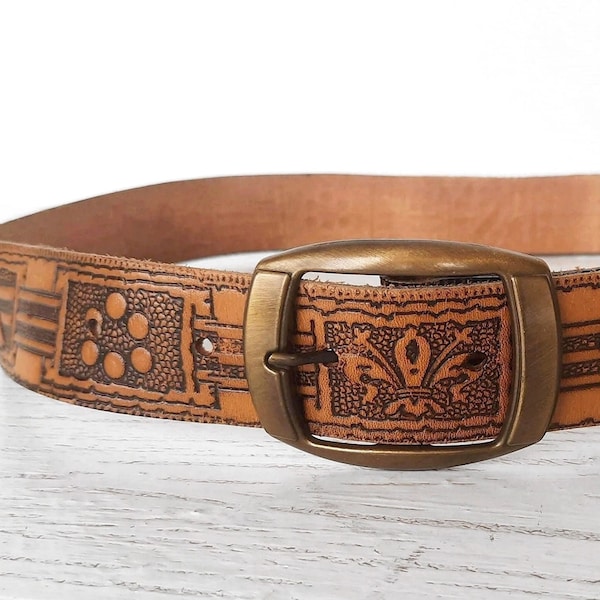 Tooled leather belt Vintage brown thick distressed burned women's men's belt with retro pattern