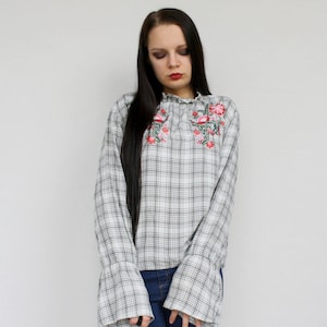 Bell sleeves blouse embroidered flowers plaid summer blouse tartan women top Vintage checkered boho bohemian top size M