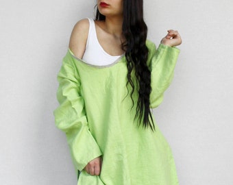 Natural linen tunic loose oversize neon green women's plus size v neck large summer blouse pure linen top Vintage bright shirt size XL