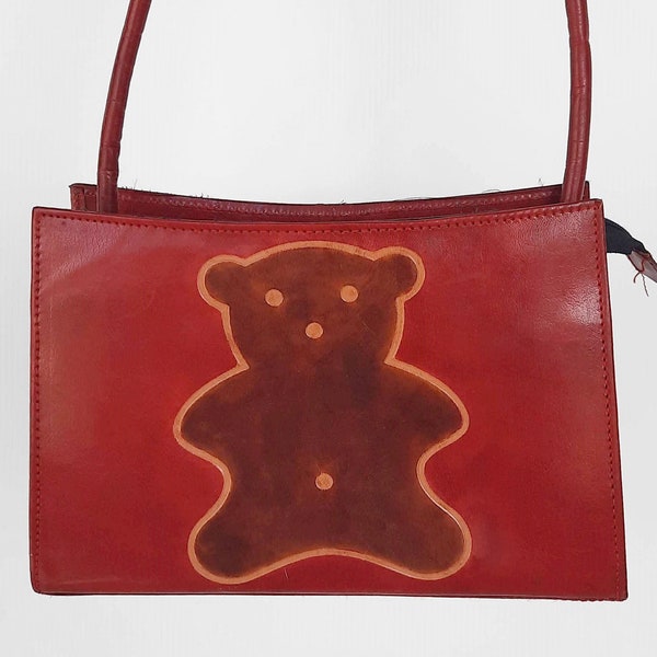 Bourgogne rouge teddy bear bag vintage cuir véritable mignon femme sac à bandoulière