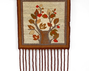 Vintage 70s Polish wool tapestry Embroidered autumn tree wall hanging Rustic folk art decor