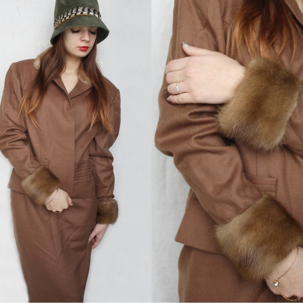 70s Two piece set women's suit Rare vintage wool mod suit with mink fur collar and cuffs