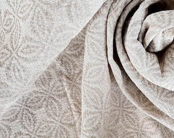 Vintage 90s natural linen fabric Rustic floral woven textile for curtains, tablecloths & clothing