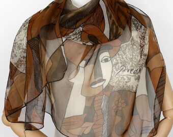 Vintage Picasso print scarf Sheer long neck scarf Lightweight abstract art fashion accessory