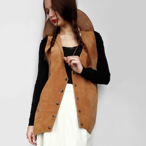 Tan suede leather vest Vintage women&#39;s classic long oversize fit real leather camel brown waistcoat with snap buttons