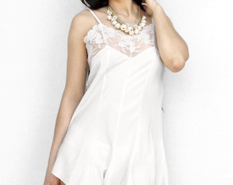 Vintage white lace satin romper Women's button back one piece lingerie nightwear