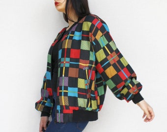 Silk plaid jacket bomber zip jacket colorful checker Vintage color block women's lightweight puffer crop blazer