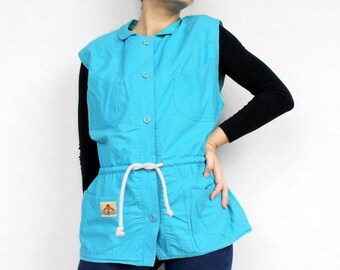 Vintage 80s bright cotton vest Women's drawstring utility waistcoat Retro sleeveless jacket