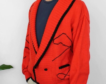 Vintage knit wool men's cardigan with shawl collar Double breasted embroidered winter jacket