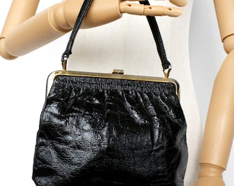 Vintage vegan leather handbag Retro black minimalist frame purse Classic evening bag