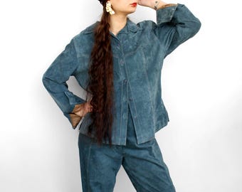 Vintage Wildleder Hosenanzug Damen blau MADELEINE Blazer und High Waist Hose im Set