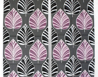 Vintage narrow leaf curtains Retro botanical print window & door panels Set of 2