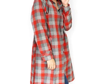 Vintage 90s plaid hooded midi coat Red buffalo check belted mid season trench