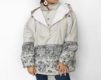 Oversized graphic winter windbreaker Vintage cotton unisex sports coat 80s hooded pullover jacket
