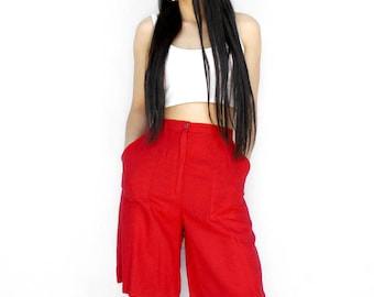 Vintage red linen viscose bermuda shorts Women's wide leg casual summer shorts with pockets