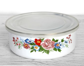 Vintage 80s floral enamel bowl with lid Rustic country cottage kitchen storage container