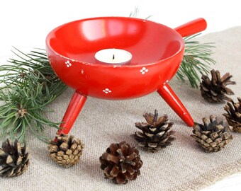 Vintage 90s Swedish red wooden bowl Traditional Scandi Christmas candle holder or candy dish